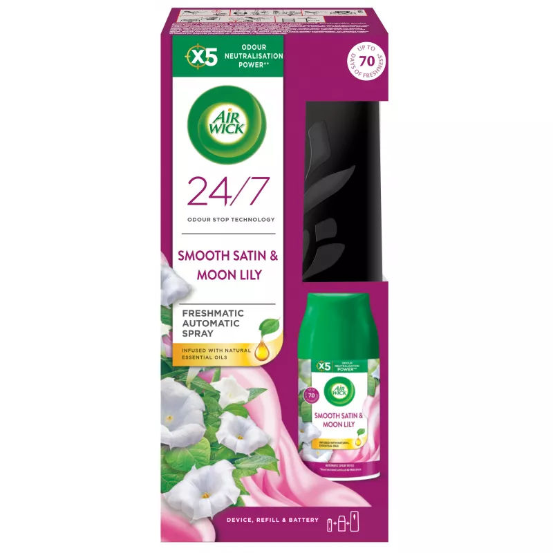 AIRWICK FM komplet strojek Automaticky uvolňuje vůni Jemný satén+Lilie 250ml Akce!!!
