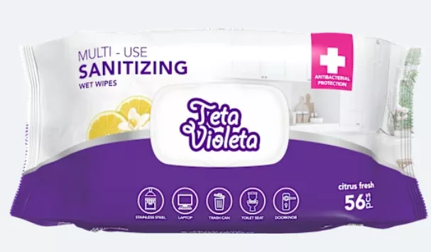 Vlhč. ubrousky Antibacterialní Teta Violeta Universal 56ks s pevným klipem, 14ks/k