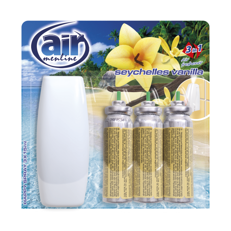 AIR menline happy spray osvěž.vzduchu s rozprašovačem + 3x15ml náplň Seychelles vanilla Ostatní